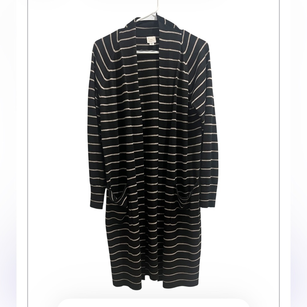 a new day Black Open Cardigan Sweater with Beige Stripes Small